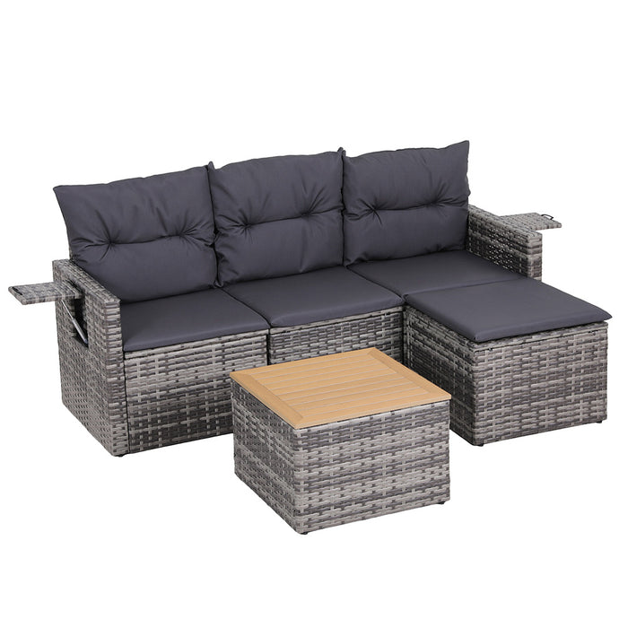 5 Pieces Outdoor Sofa Set 4-Seater Grey Rattan Patio Furniture Table And Chair Setting
