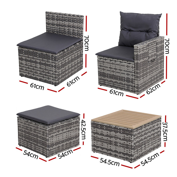 5 Pieces Outdoor Sofa Set 4-Seater Grey Rattan Patio Furniture Table And Chair Setting