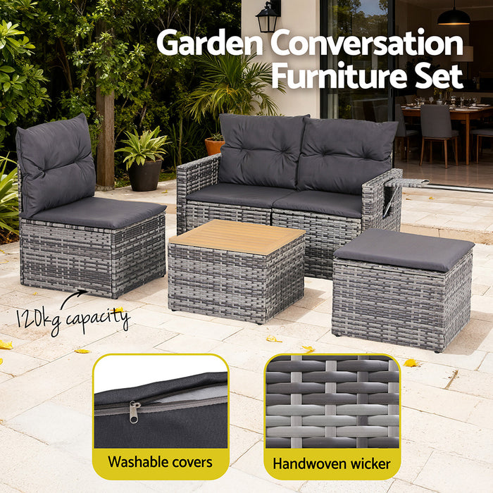 5 Pieces Outdoor Sofa Set 4-Seater Grey Rattan Patio Furniture Table And Chair Setting