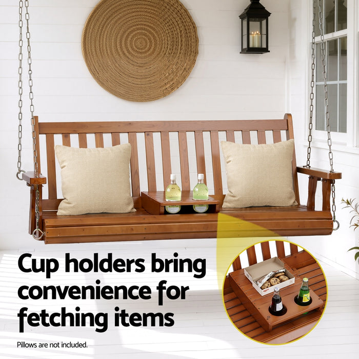 Porch Outdoor Swing Chair Patio Furniture Wooden Bench 2 Seat Cup Holder