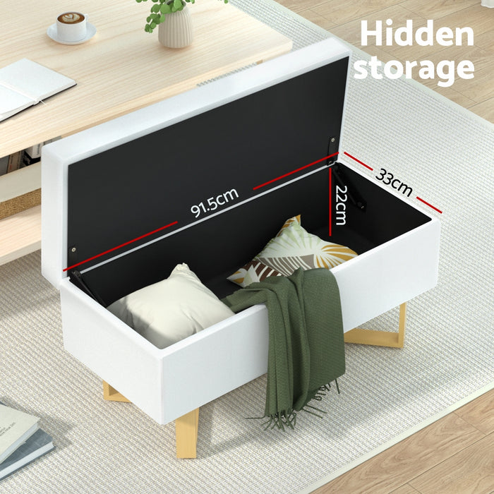 Storage Ottoman Blanket Box Criss-Cross Linen White