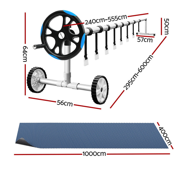 Pool Cover 600 Micron 10X4M W/ Roller 5.55M Black Solar Blanket