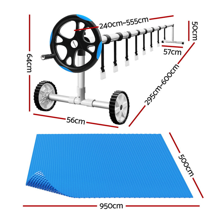 Pool Cover 600 Micron Solar Heat 9.5X5M Blanket W/ 5.55M Roller Blue