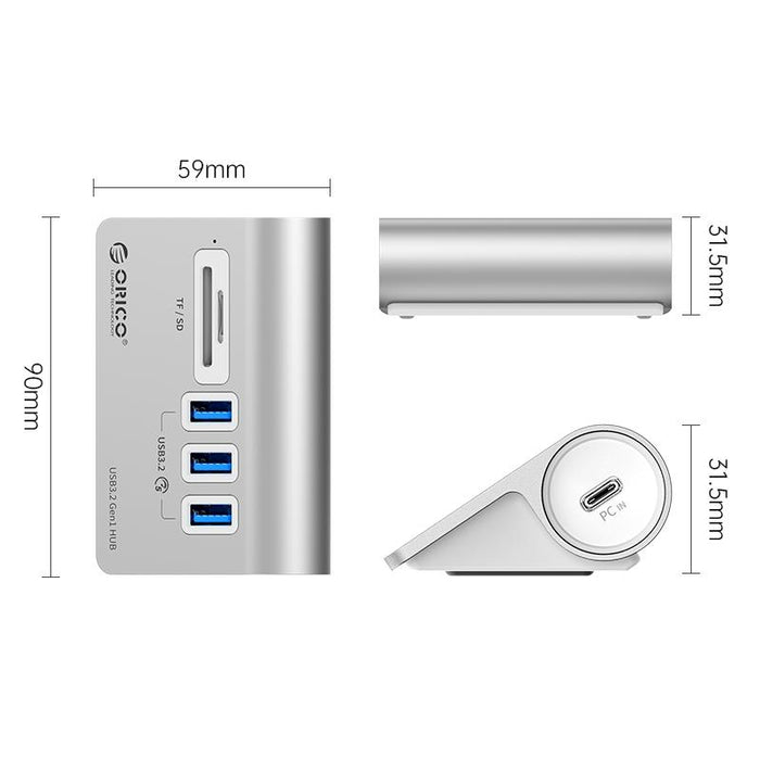 3-Port Usb 3.2 Hub With Card Reader Silver