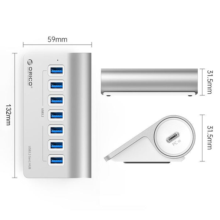 Aluminum 7-Port Usb 3.2 Gen2 Hub 10Gbps With 0.5M Cable