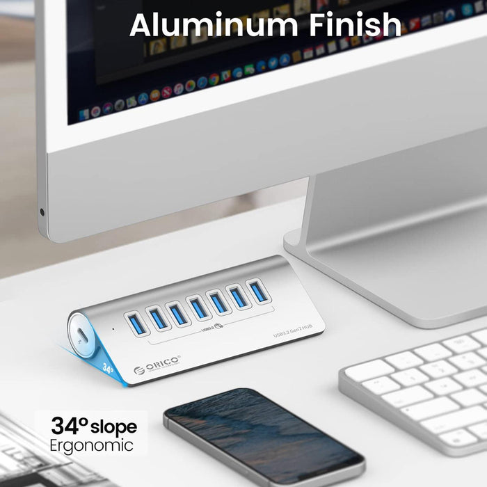 Aluminum 7-Port Usb 3.2 Gen2 Hub 10Gbps With 0.5M Cable