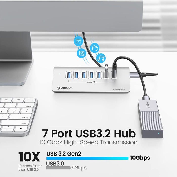 Aluminum 7-Port Usb 3.2 Gen2 Hub 10Gbps With 0.5M Cable