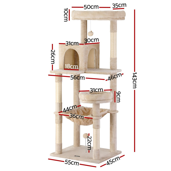 Cat Tree 143Cm Tower Scratching Post Trees Scratcher Condo House Beige