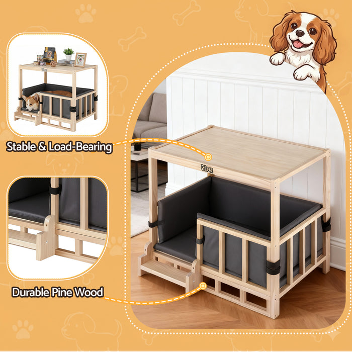 2In1 Dog Kennel Crate Furniture Grey Bedding Wooden House Indoor