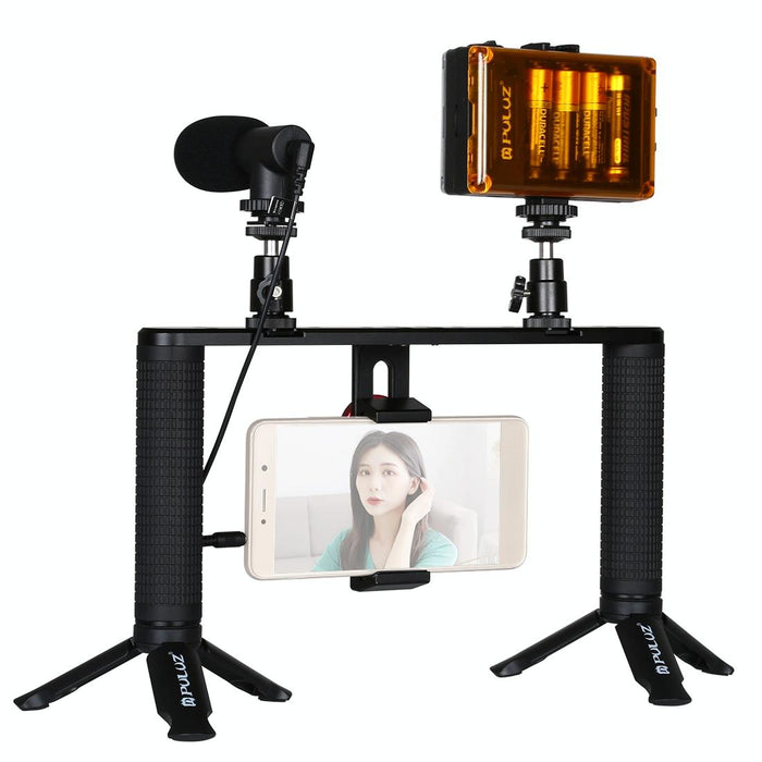 4 In 1 Vlogging Live Broadcast Led Selfie Light Smartphone Video Rig Handle Stabilizer Aluminum Bracket Kits With Microphone & Tripod Mount & Cold Shoe Tripod Head