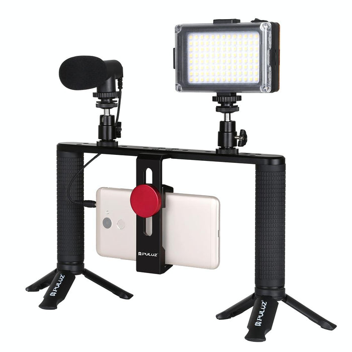 4 In 1 Vlogging Live Broadcast Led Selfie Light Smartphone Video Rig Handle Stabilizer Aluminum Bracket Kits With Microphone & Tripod Mount & Cold Shoe Tripod Head