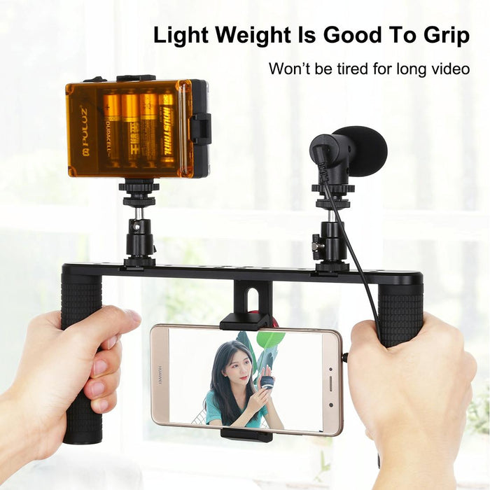 4 In 1 Vlogging Live Broadcast Led Selfie Light Smartphone Video Rig Handle Stabilizer Aluminum Bracket Kits With Microphone & Tripod Mount & Cold Shoe Tripod Head