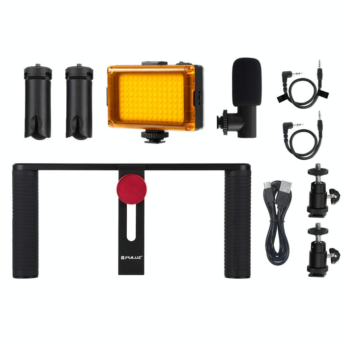 4 In 1 Vlogging Live Broadcast Led Selfie Light Smartphone Video Rig Handle Stabilizer Aluminum Bracket Kits With Microphone & Tripod Mount & Cold Shoe Tripod Head