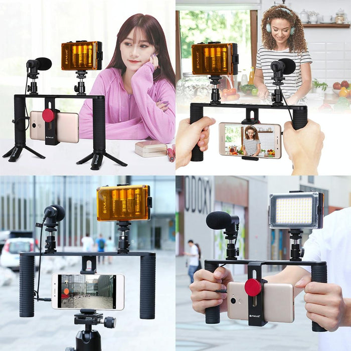 4 In 1 Vlogging Live Broadcast Led Selfie Light Smartphone Video Rig Handle Stabilizer Aluminum Bracket Kits With Microphone & Tripod Mount & Cold Shoe Tripod Head