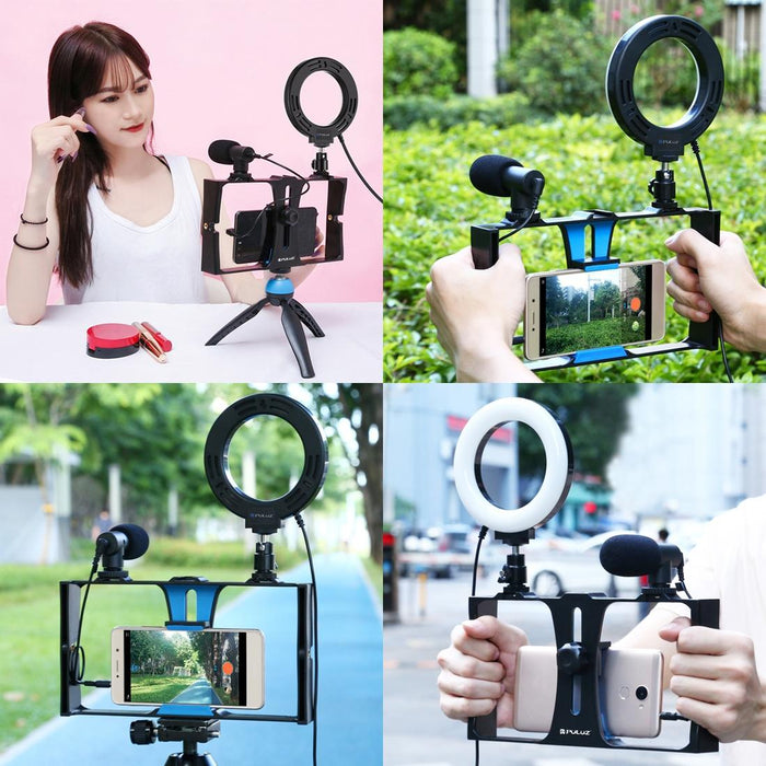 2 In 1 Vlogging Live Broadcast Smartphone Video Rig & 4.7 Inch 12Cm Ring Led Selfie Light Kits With Cold Shoe Tripod Head