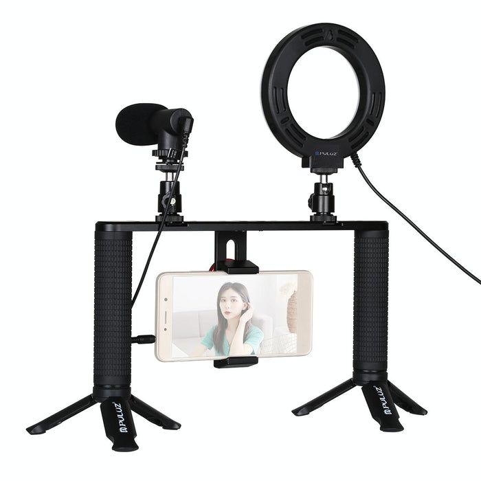 4 In 1 Vlogging Live Broadcast 4.7 Inch 12Cm Ring Led Selfie Light Smartphone Video Rig Handle Stabilizer Aluminum Bracket Kits With Microphone & Tripod Mount & Cold Shoe Tripod Head