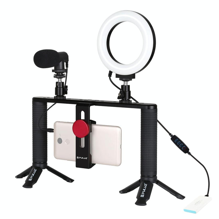 4 In 1 Vlogging Live Broadcast 4.7 Inch 12Cm Ring Led Selfie Light Smartphone Video Rig Handle Stabilizer Aluminum Bracket Kits With Microphone & Tripod Mount & Cold Shoe Tripod Head