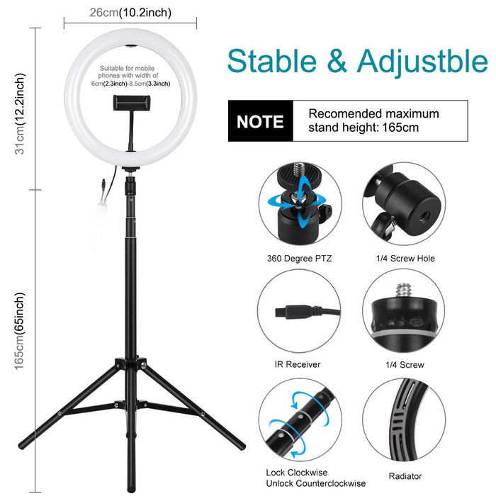 10.2 Inch 26Cm Rgbw Light & 1.65M Tripod Mount Curved Surface Usb Rgbw Dimmable Led Ring Vlogging Video Light Live Broadcast Kits Black