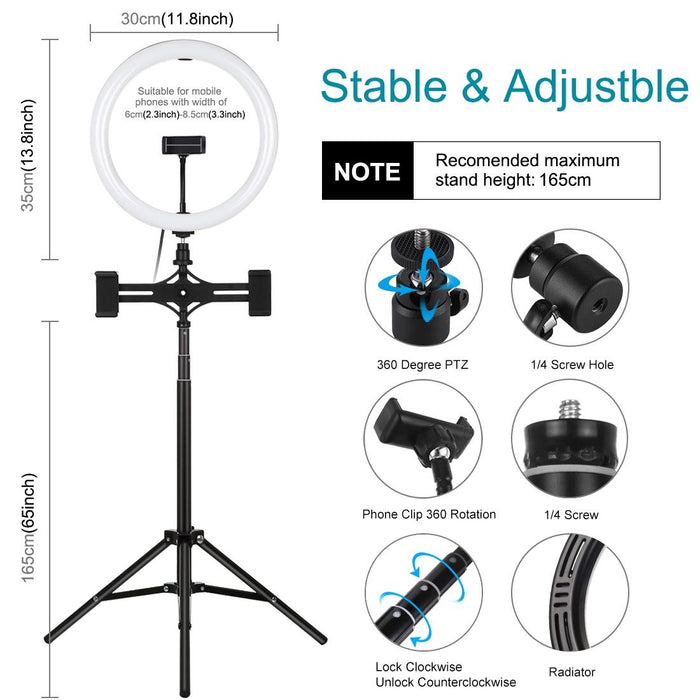 11.8 Inch 30Cm Light & 1.65M Tripod & Dual Phone Bracket Curved Surface Usb 3 Modes Dimmable Dual Colour Temperature Led Ring Vlogging Video Light Live Broadcast Kits Black