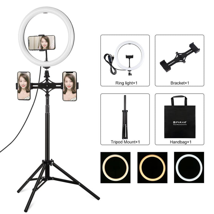 11.8 Inch 30Cm Light & 1.65M Tripod & Dual Phone Bracket Curved Surface Usb 3 Modes Dimmable Dual Colour Temperature Led Ring Vlogging Video Light Live Broadcast Kits Black