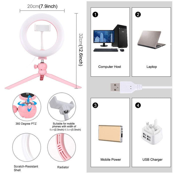 7.9 Inch 20Cm Light & Desktop Tripod Mount Usb 3 Modes Dimmable Dual Colour Temperature Led Curved Light Ring Vlogging Selfie Beauty Photography Video Lights With Phone Clamp