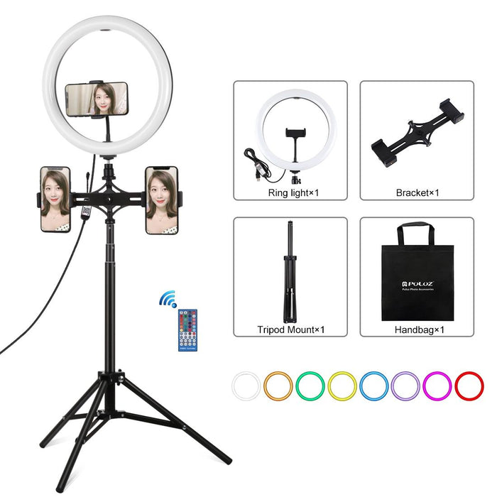 11.8 Inch 30Cm Rgbw Light & 1.65M Mount & Dual Phone Brackets Curved Surface Rgbw Dimmable Led Ring Selfie Vlogging Light Live Broadcast Kits With Cold Shoe Tripod Adapter & Phone Clamp & Remote Control Black