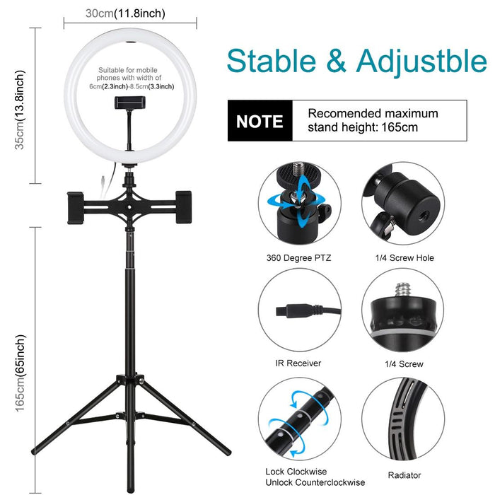 11.8 Inch 30Cm Rgbw Light & 1.65M Mount & Dual Phone Brackets Curved Surface Rgbw Dimmable Led Ring Selfie Vlogging Light Live Broadcast Kits With Cold Shoe Tripod Adapter & Phone Clamp & Remote Control Black