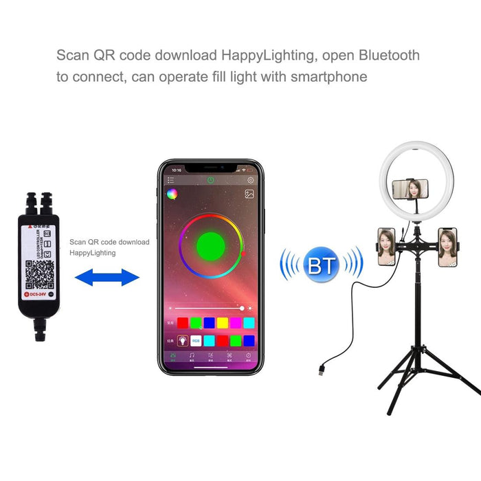 11.8 Inch 30Cm Rgbw Light & 1.65M Mount & Dual Phone Brackets Curved Surface Rgbw Dimmable Led Ring Selfie Vlogging Light Live Broadcast Kits With Cold Shoe Tripod Adapter & Phone Clamp & Remote Control Black