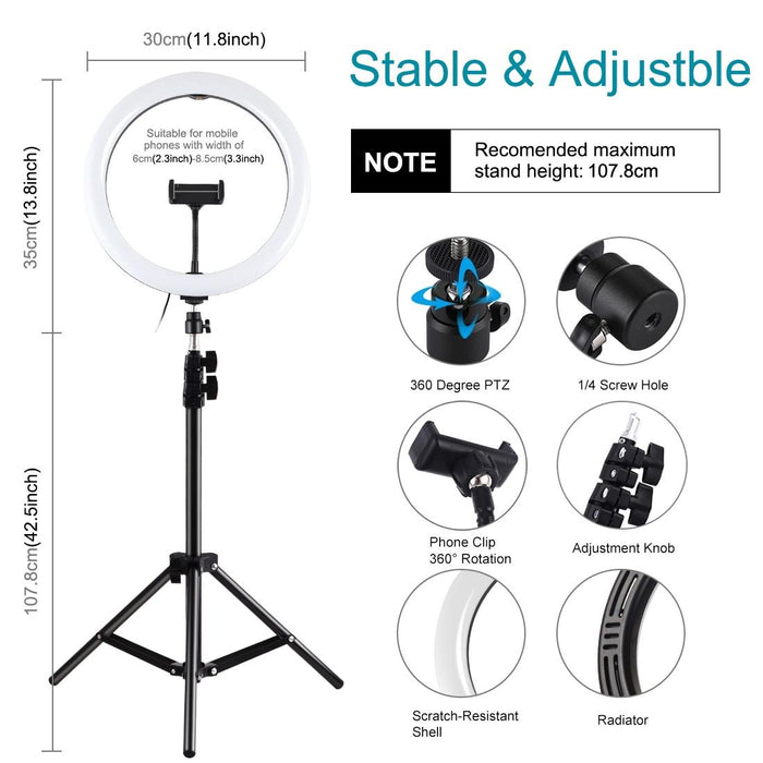 11.8 Inch 30Cm Light & 1.1M Tripod Mount Curved Surface Rgbw Dimmable Led Ring Vlogging Photography Video Lights Live Broadcast Kits Black