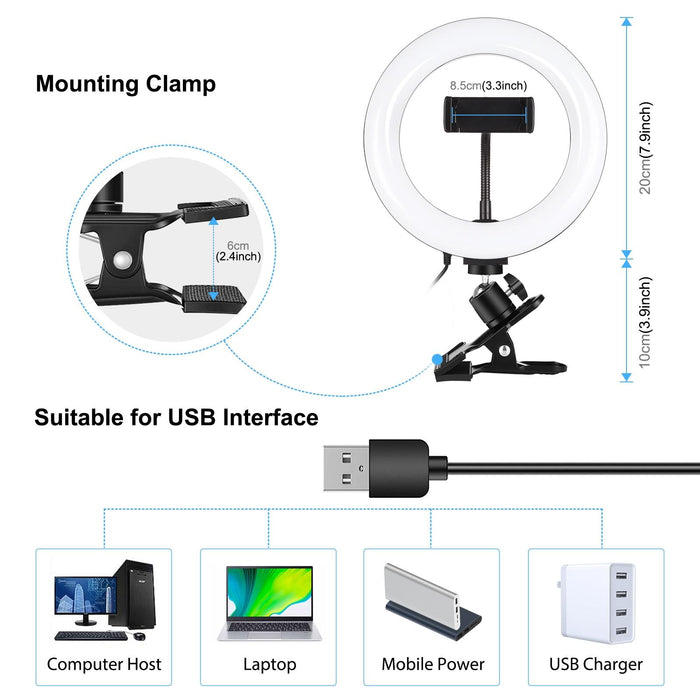 7.9 Inch 20Cm Ring Selfie Light & Monitor Clip 3 Modes Usb Dimmable Dual Colour Temperature Led Curved Vlogging Photography Video Lights Kits With Phone Clamp Black