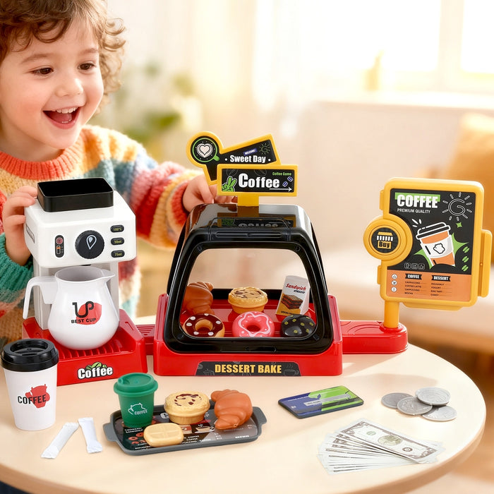 Kids Pretend Role Play Toy Coffee Shop With Coffee Maker Machine Play Money Food Tea Party Set