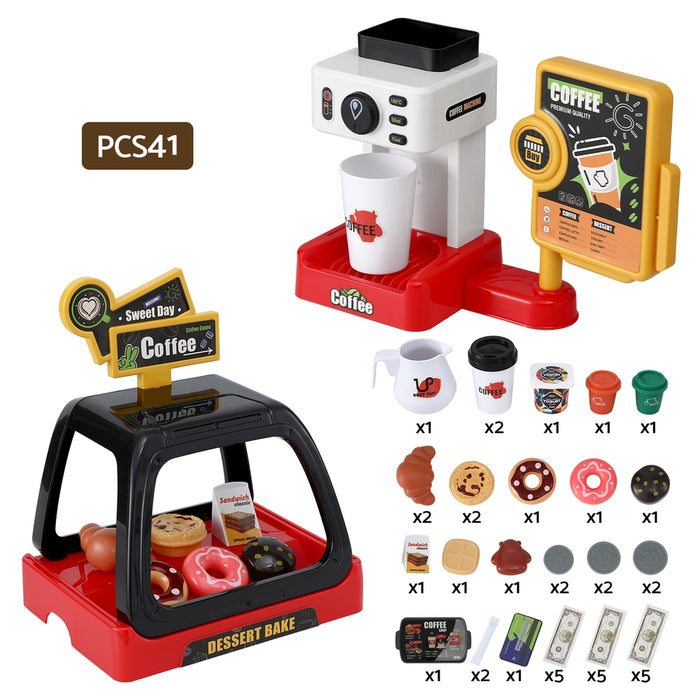Kids Pretend Role Play Toy Coffee Shop With Coffee Maker Machine Play Money Food Tea Party Set