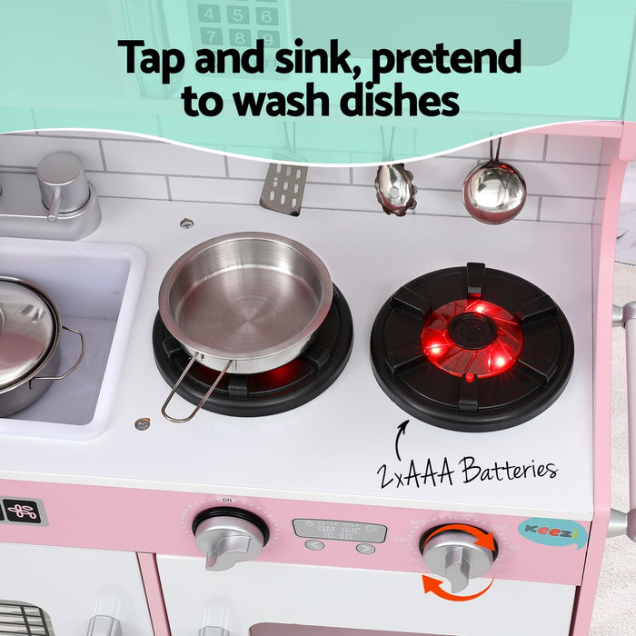 Kids Wooden Pretend Kitchen Play Set Cooking Toys Pot Ice Cup Oven Blackboard 80Cm Pink