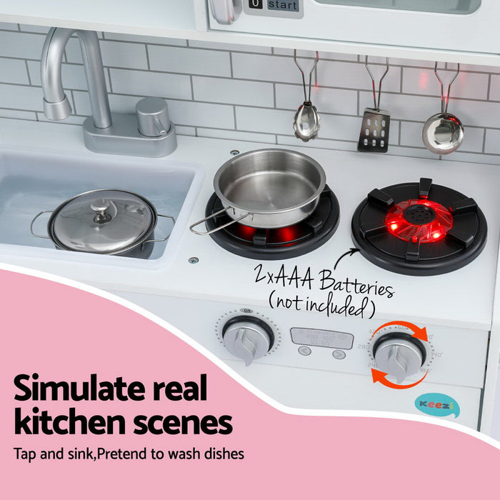 Kids Wooden Pretend Kitchen Play Set Cooking Toys Pot Ice Cup Oven Blackboard 80cm White