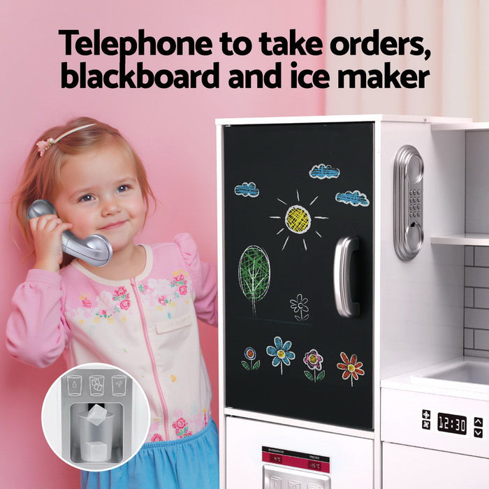 Kids Wooden Pretend Kitchen Play Set Cooking Toys Pot Ice Cup Oven Blackboard 80cm White