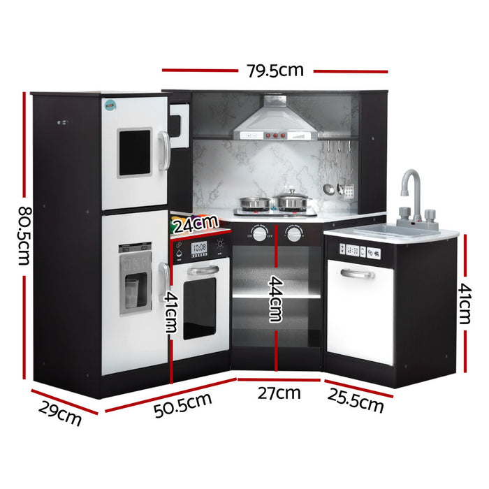 Kids Kitchen Play Set Wooden Pretend Cooking Playset W/Sounds Lights Black