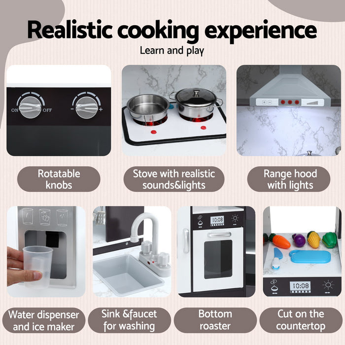 Kids Kitchen Play Set Wooden Pretend Cooking Playset W/Sounds Lights Black