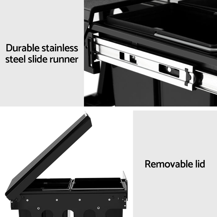 Pull Out Bin Kitchen Triple Slide Garbage Rubbish Bins Basket Black 31L