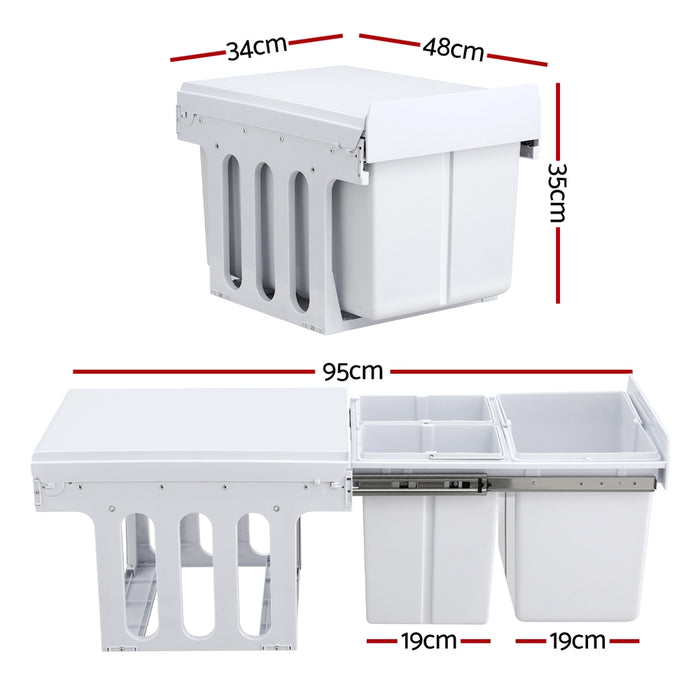 Pull Out Bin Kitchen Triple Slide Garbage Rubbish Bins Basket White 31L