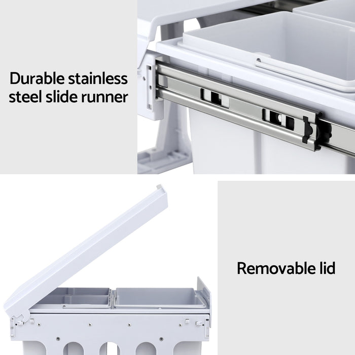 Pull Out Bin Kitchen Triple Slide Garbage Rubbish Bins Basket White 31L