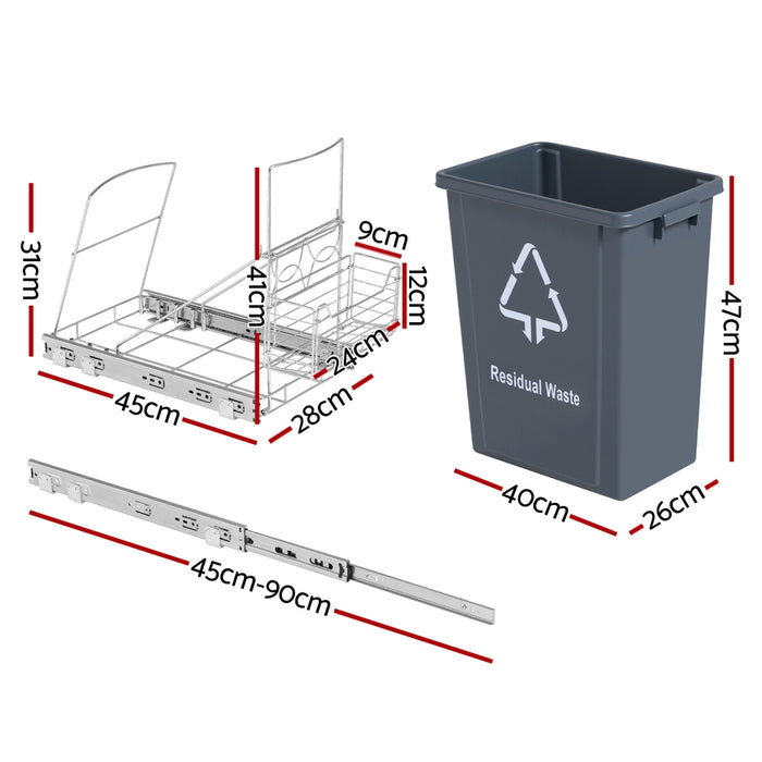 Pull Out Bin Kitchen Cabinet Slide Garbage Rubbish Bins Basket 40L Grey
