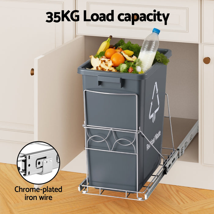 Pull Out Bin Kitchen Cabinet Slide Garbage Rubbish Bins Basket 40L Grey