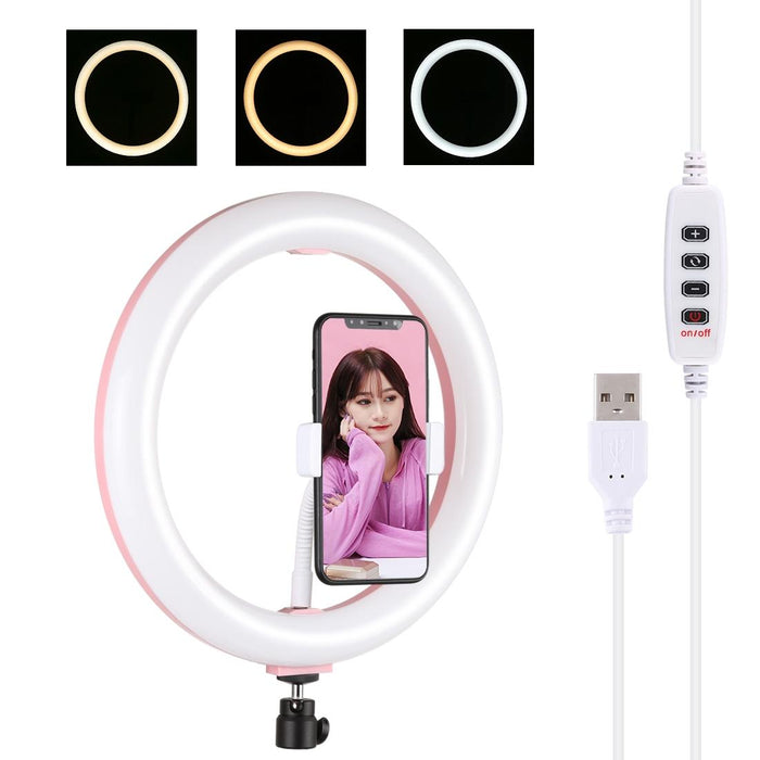 26Cm Usb 3 Modes Dimmable Dual Colour Temperature Led Curved Diffuse Light Ring Vlogging Selfie Photography Video Lights With Phone Clamp