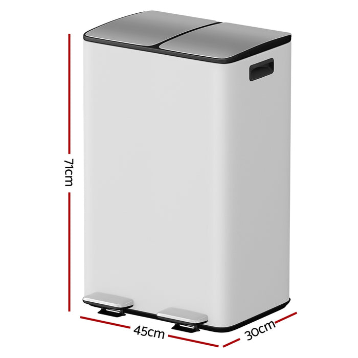 Pedal Bins Rubbish Bin Dual Compartment Waste Recycle Dustbins 60L White