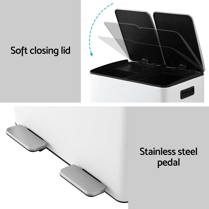 Pedal Bins Rubbish Bin Dual Compartment Waste Recycle Dustbins 60L White