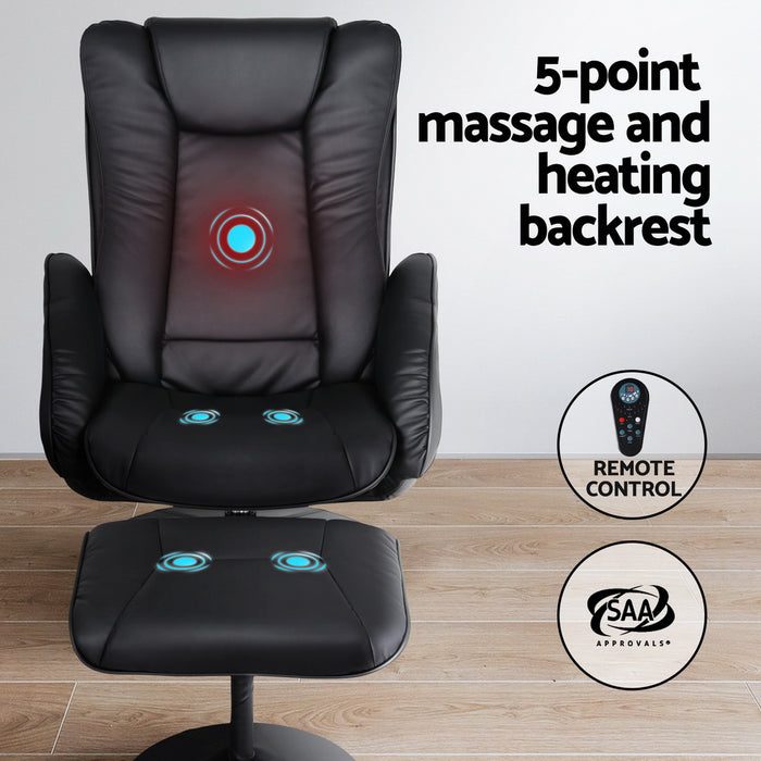 2X Recliner Chair Ottoman Heated Massage Black