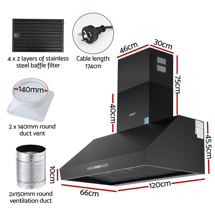 1200Mm Commercial Bbq Range Hood Dual Motor W/ Remote Control Black
