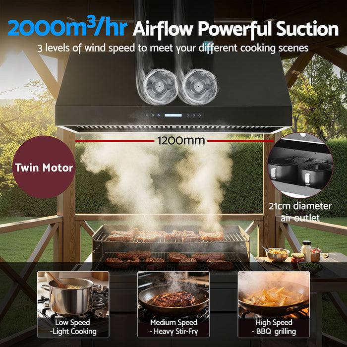 1200Mm Commercial Bbq Range Hood Dual Motor W/ Remote Control Black