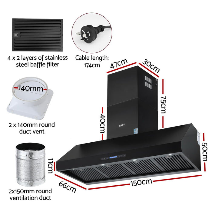 1500Mm Commercial Bbq Range Hood Dual Motor W/ Remote Control Black