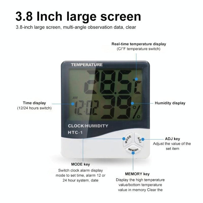 3.8 Inch Lcd Temp & Humidity Meter With Clock & Calendar